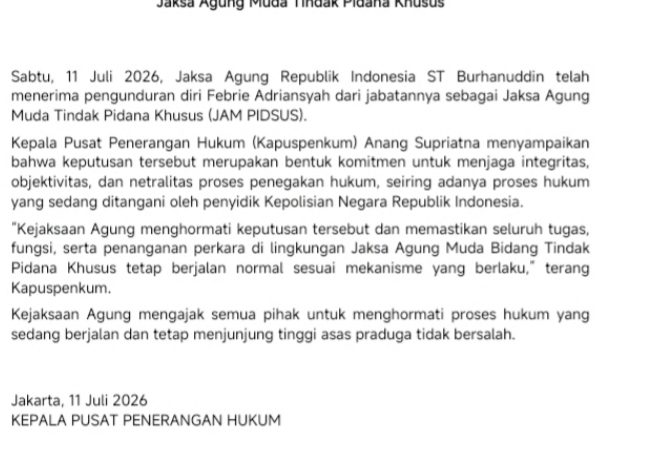Jaksa Agung Terima Surat Pengunduran Diri JAM Pidsus Febrie Adriansyah